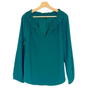 J Crew Crepe Smock Neck Blouse Top Long Sleeves Green Sz M